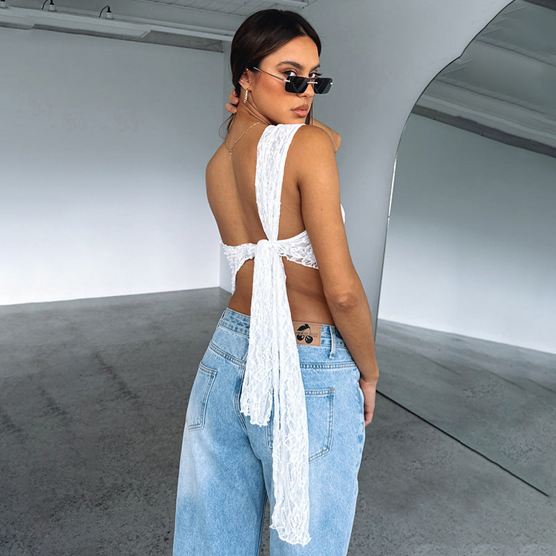 Ins Lace Backless Top Summer Solid Color Waistless Asymmetrical Sloped Neck Vest Streetwear Womens Clothes - 𝓢𝓱𝓸𝓹𝓵𝓮𝓬𝔂