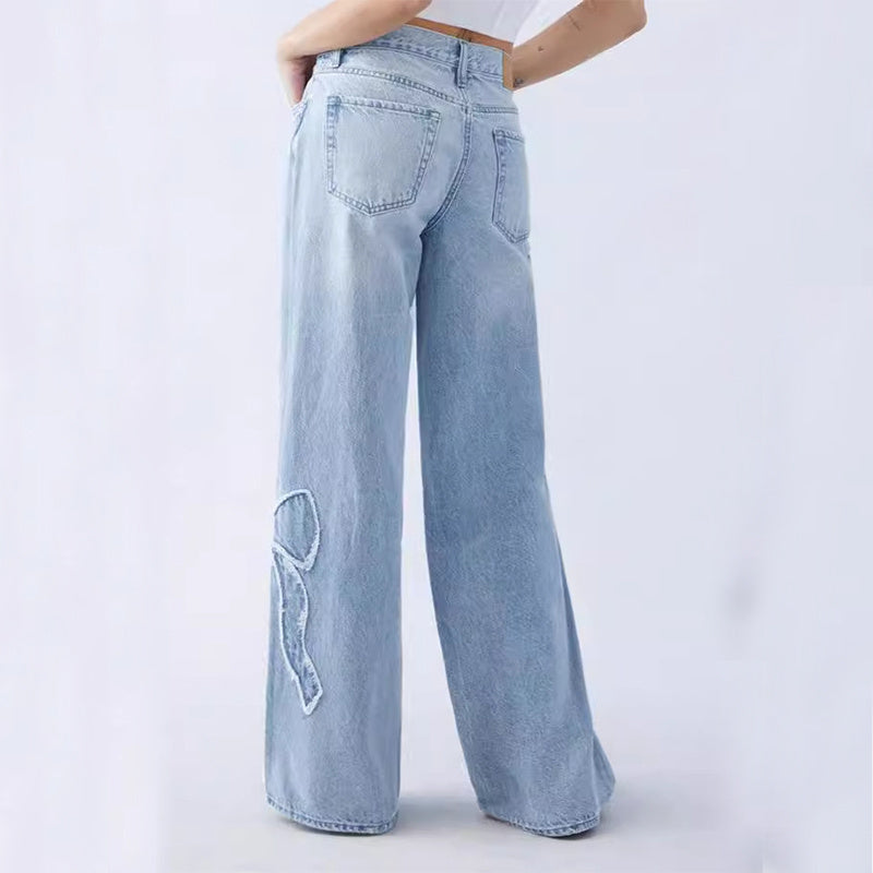Women's Straight Trousers Embroidered Side Frayed Butterfly Jeans Street Design Hot Girl Baggy Pants - 𝓢𝓱𝓸𝓹𝓵𝓮𝓬𝔂