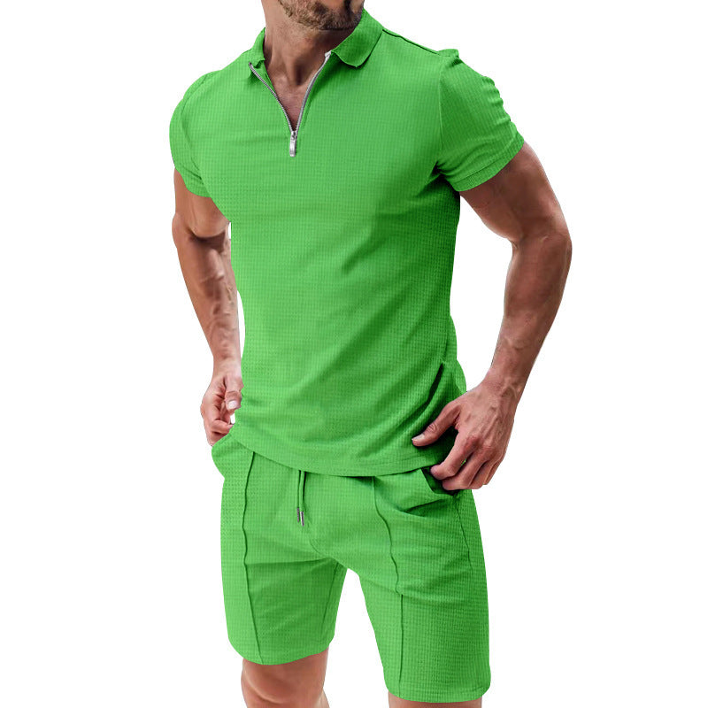 2Pcs Casual Waffle Suit Summer Zipper Lapel Short-sleeved Top And Drawstring Pockets Shorts Versatile Solid Color T-shirt Set For Mens Clothing - 𝓢𝓱𝓸𝓹𝓵𝓮𝓬𝔂
