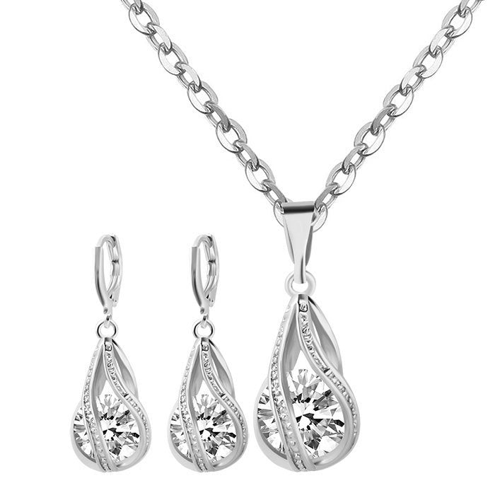 S163 Korean simple zircon jewelry set Silver Drop Necklace Earrings set new bride wedding - 𝓢𝓱𝓸𝓹𝓵𝓮𝓬𝔂