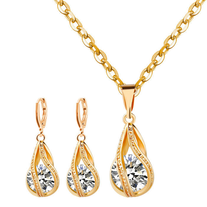 S163 Korean simple zircon jewelry set Silver Drop Necklace Earrings set new bride wedding - 𝓢𝓱𝓸𝓹𝓵𝓮𝓬𝔂
