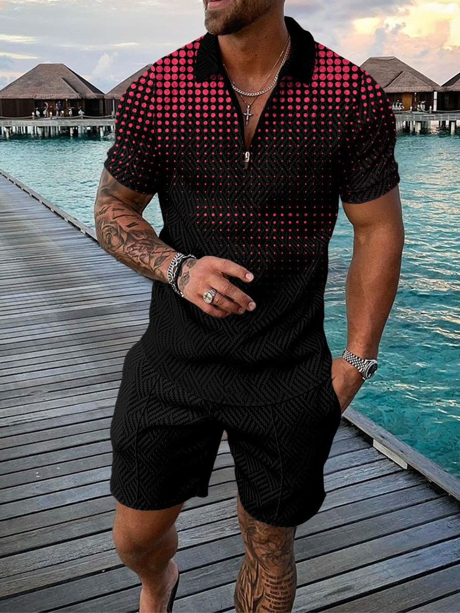 Men's Casual Color Contrast POLO Zip Lapel Shirt Short Sleeve Suit - 𝓢𝓱𝓸𝓹𝓵𝓮𝓬𝔂