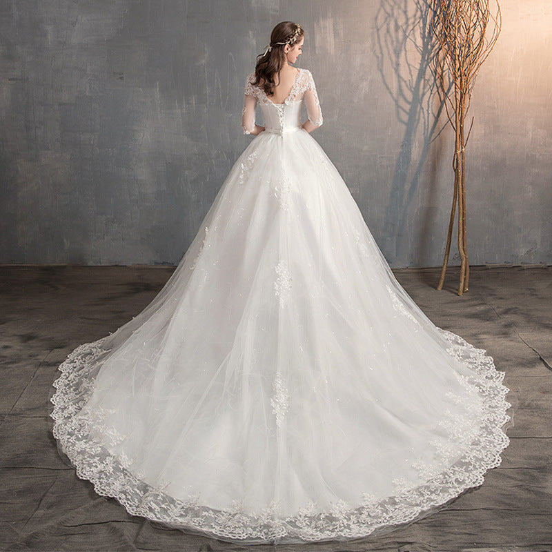 Wedding Dress Trailing Deep V Neck Lace High Waist Wedding Dress Long Sleeves - 𝓢𝓱𝓸𝓹𝓵𝓮𝓬𝔂