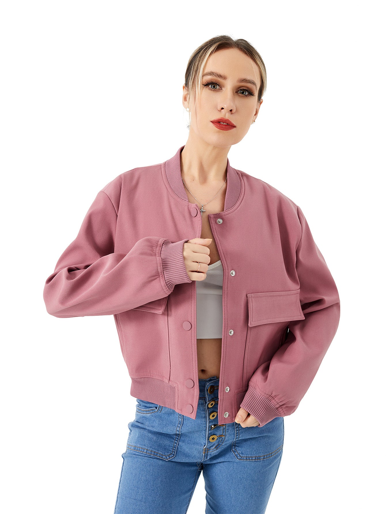 Women's Lightweight Cropped Bomber Jacket Casual Long Sleeve Varsity Jacket With Pocket Fashion Y2k Jacket Streetwear - 𝓢𝓱𝓸𝓹𝓵𝓮𝓬𝔂