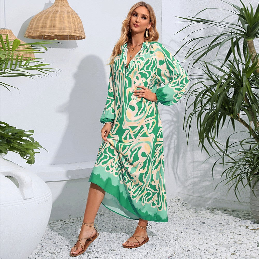 V-neck Abstract Printing Loose Long Style Long Sleeve Women's Dress - 𝓢𝓱𝓸𝓹𝓵𝓮𝓬𝔂