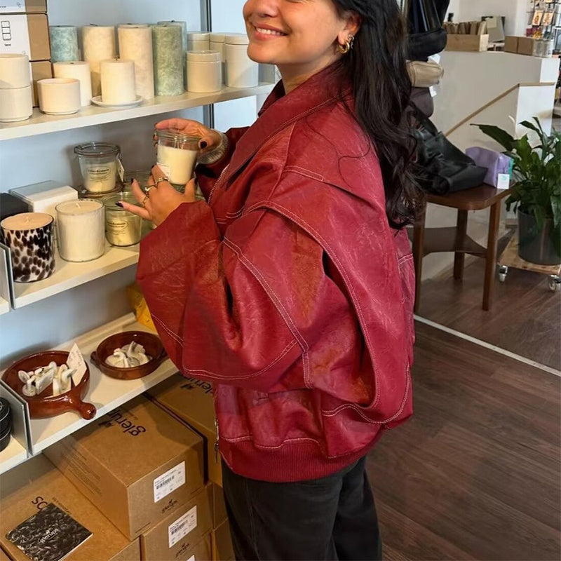 Loose Fashion Lapel Zip-up Jacket Cool Long Sleeve Zipper Closure Moto Biker Leather Jacket Womens Clothing - 𝓢𝓱𝓸𝓹𝓵𝓮𝓬𝔂