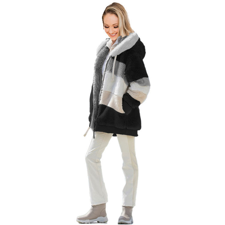Women's Loose Plush Multicolor Hooded Jacket - 𝓢𝓱𝓸𝓹𝓵𝓮𝓬𝔂
