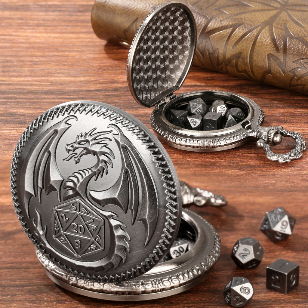 Dragon Pocket Watch Set With Thick Chain And Mini DND Dice Set Equipped With 7 Game Polyhedral Metal Dice Dragon And Dungeon Tabletop Role-playing Game Dice - 𝓢𝓱𝓸𝓹𝓵𝓮𝓬𝔂
