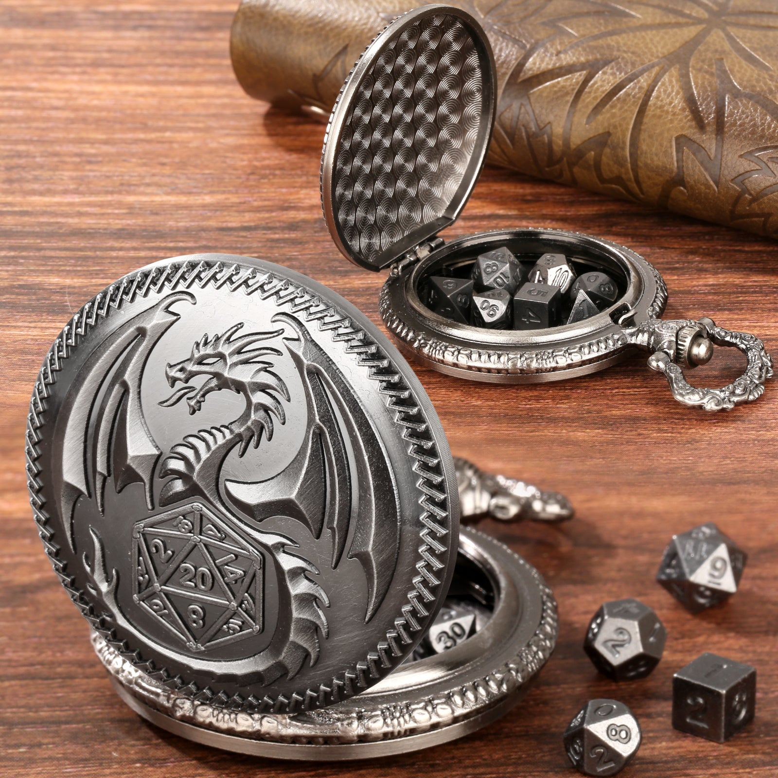 Dragon Pocket Watch Set With Thick Chain And Mini DND Dice Set Equipped With 7 Game Polyhedral Metal Dice Dragon And Dungeon Tabletop Role-playing Game Dice - 𝓢𝓱𝓸𝓹𝓵𝓮𝓬𝔂