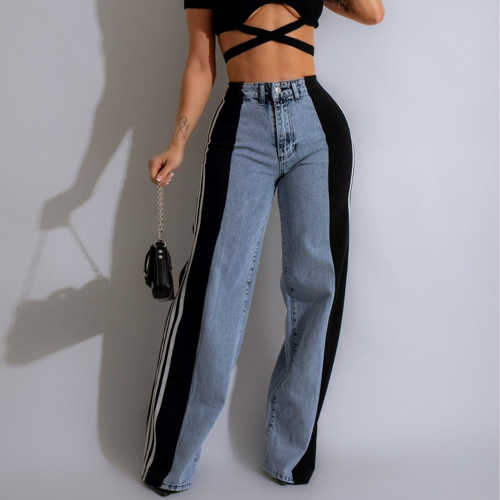 2025 Fashion Casual High Waist Elastic Straight Leg Trousers Three Stripe Patchwork Denim Wide Leg Pants Streetwear - 𝓢𝓱𝓸𝓹𝓵𝓮𝓬𝔂