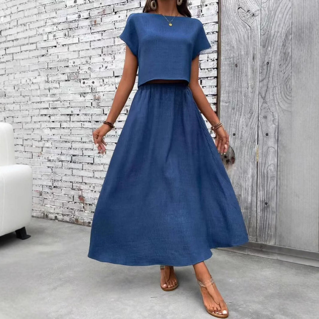 2 Piece Set Women's Solid Color Short Sleeve Top And Casual A- Line Dress Suit - 𝓢𝓱𝓸𝓹𝓵𝓮𝓬𝔂