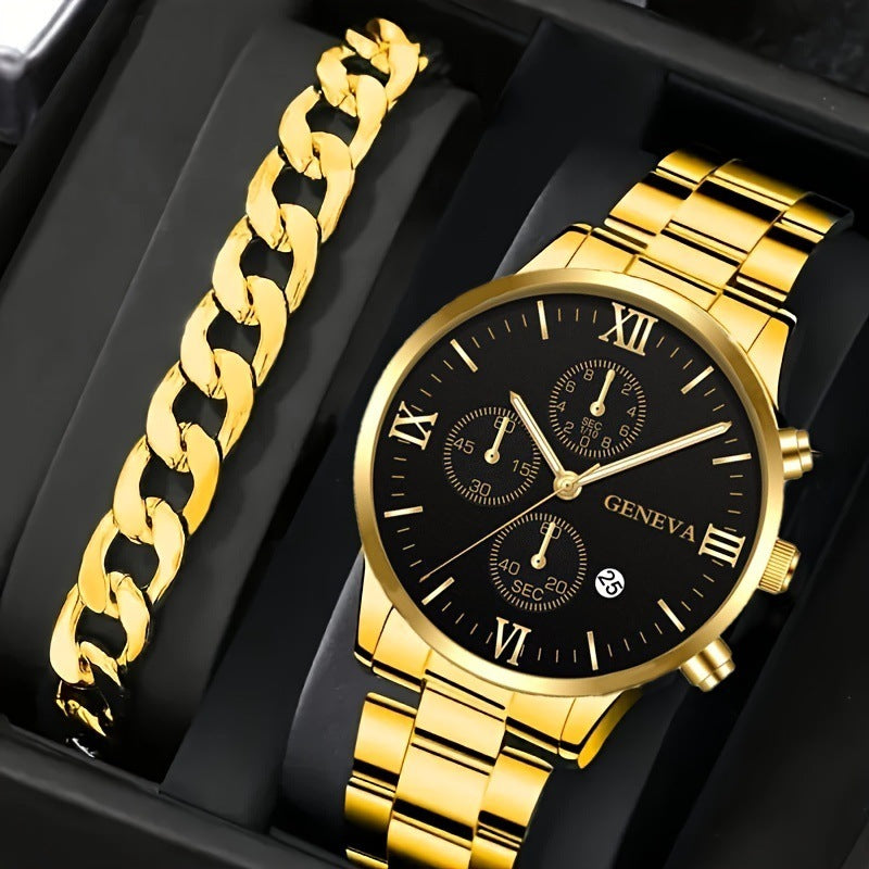 2pcs Men's New Popular Steel Strip Fashion Business Three Eye Quartz Watch Bracelet Set Valentine's Day Gifts - 𝓢𝓱𝓸𝓹𝓵𝓮𝓬𝔂