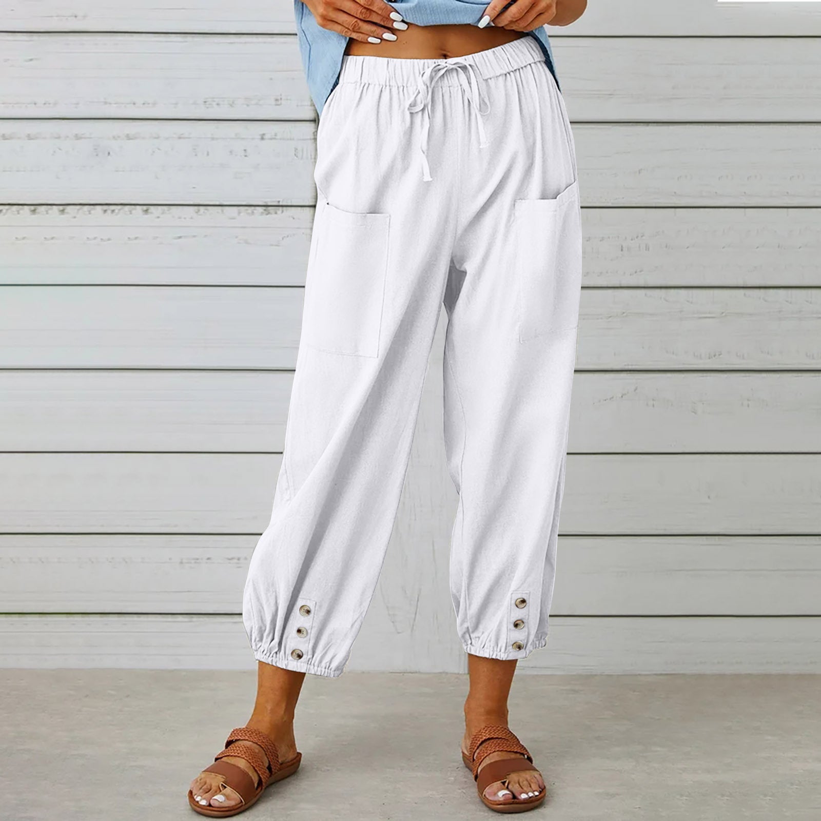 Women Drawstring Tie Pants Spring Summer Cotton And Linen Trousers With Pockets Button - 𝓢𝓱𝓸𝓹𝓵𝓮𝓬𝔂