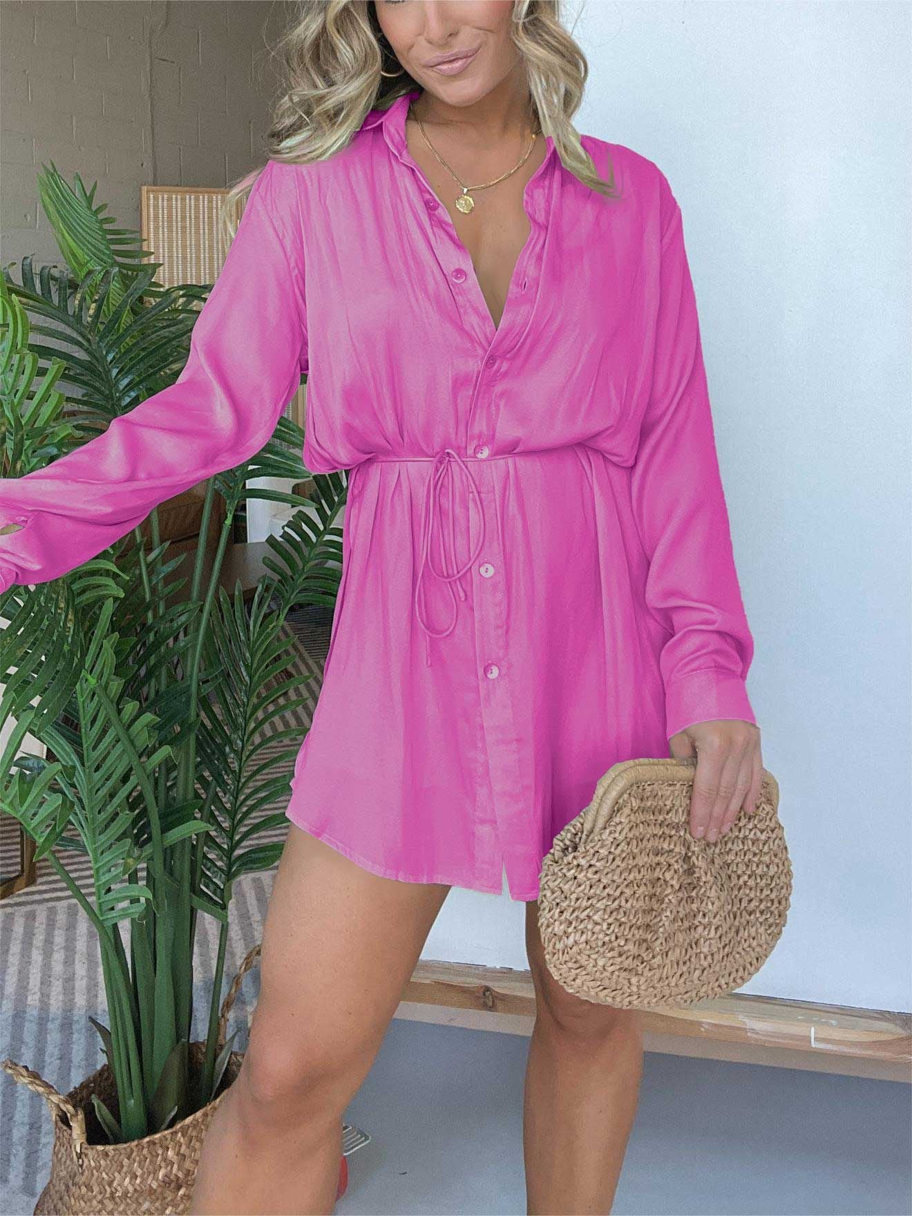 Women's Long Sleeve Jumpsuit With Button Fashion Shirt Dress - 𝓢𝓱𝓸𝓹𝓵𝓮𝓬𝔂