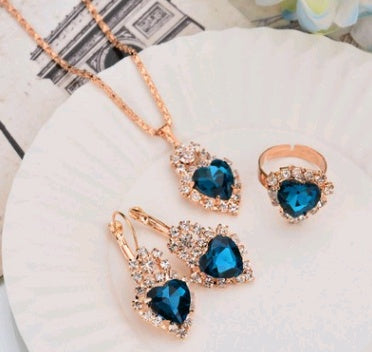 Europe And The United States Personalized Water Drop Color Diamond Necklace, Earrings, Rings Set, Shiny High-end Bridal Jewelry Wholesale - 𝓢𝓱𝓸𝓹𝓵𝓮𝓬𝔂