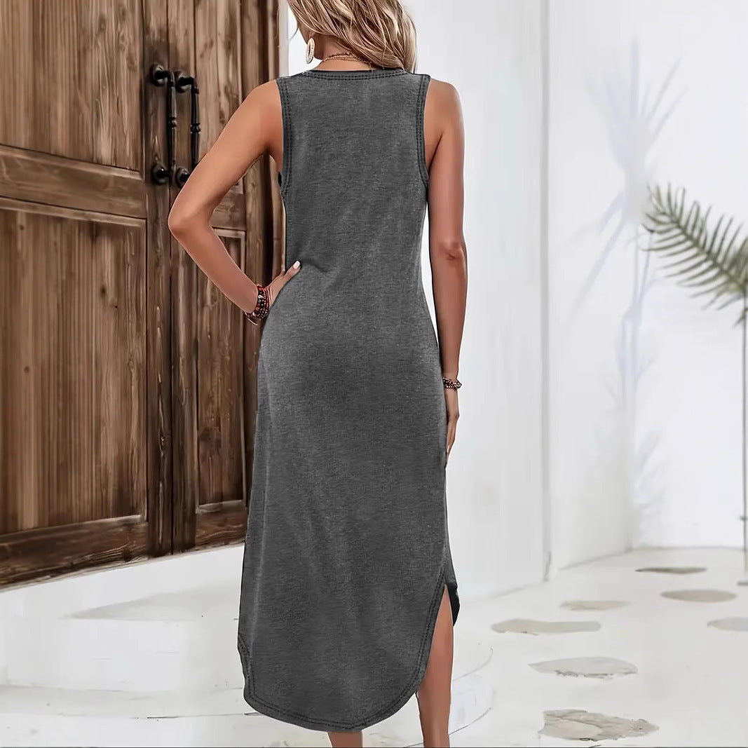 European And American Summer Women's Sleeveless V-neck Slit Mid-length Knitted Dress - 𝓢𝓱𝓸𝓹𝓵𝓮𝓬𝔂