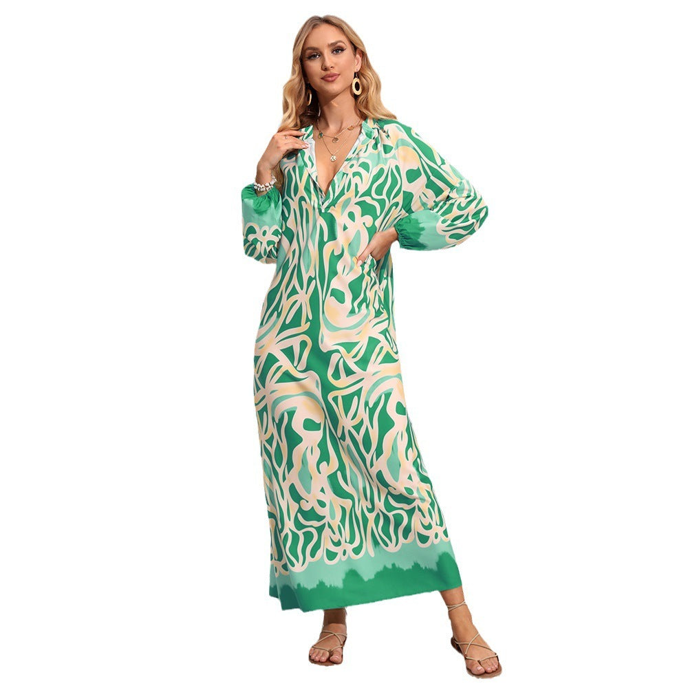 V-neck Abstract Printing Loose Long Style Long Sleeve Women's Dress - 𝓢𝓱𝓸𝓹𝓵𝓮𝓬𝔂