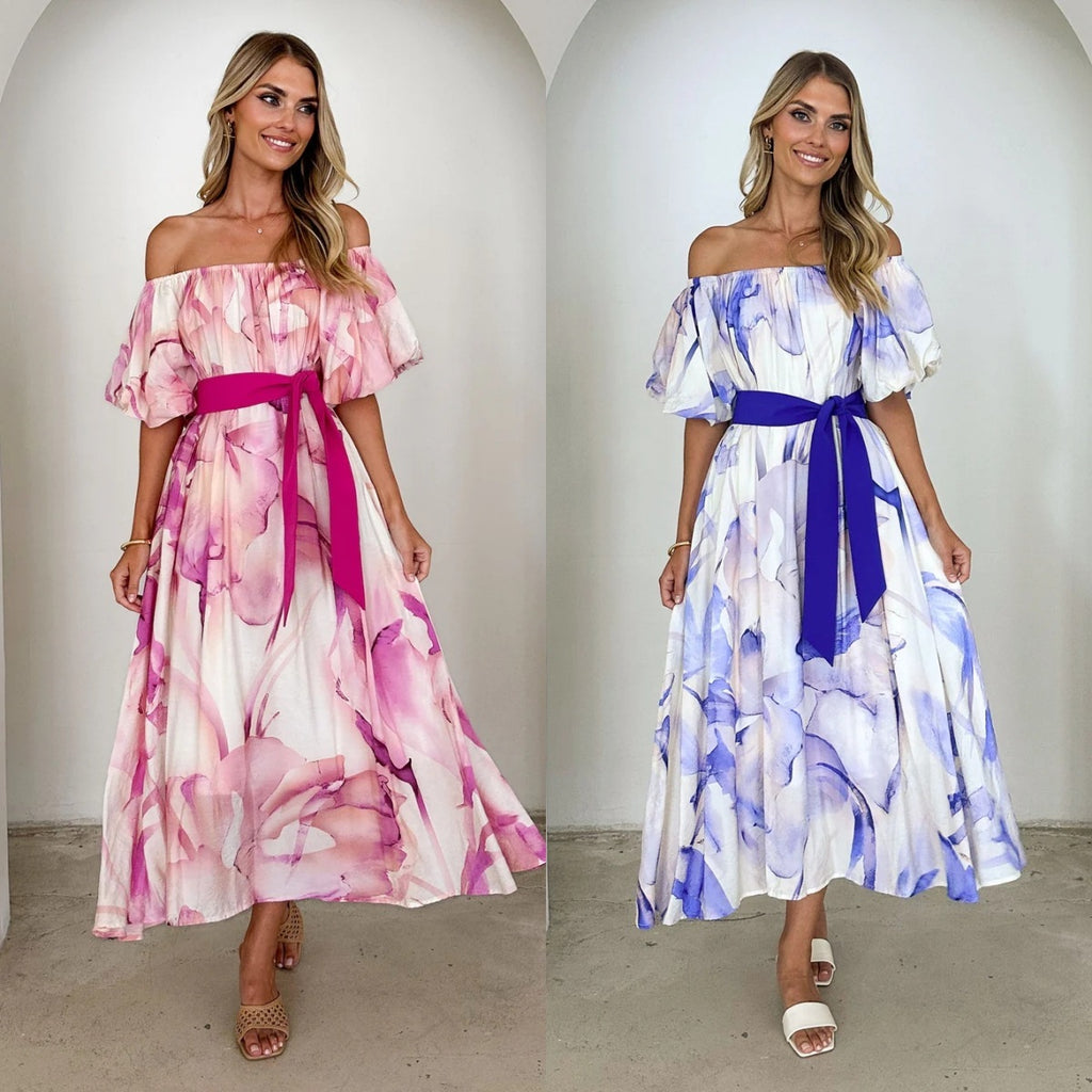 European American Summer New Temperament Shoulder Waist Puff Sleeve Printed Large Swing Dress - 𝓢𝓱𝓸𝓹𝓵𝓮𝓬𝔂