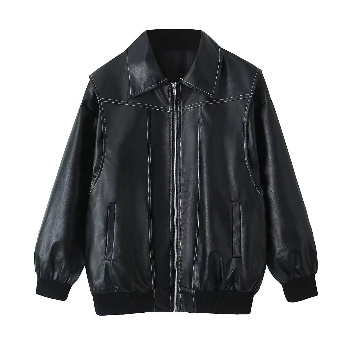 Loose Fashion Lapel Zip-up Jacket Cool Long Sleeve Zipper Closure Moto Biker Leather Jacket Womens Clothing - 𝓢𝓱𝓸𝓹𝓵𝓮𝓬𝔂