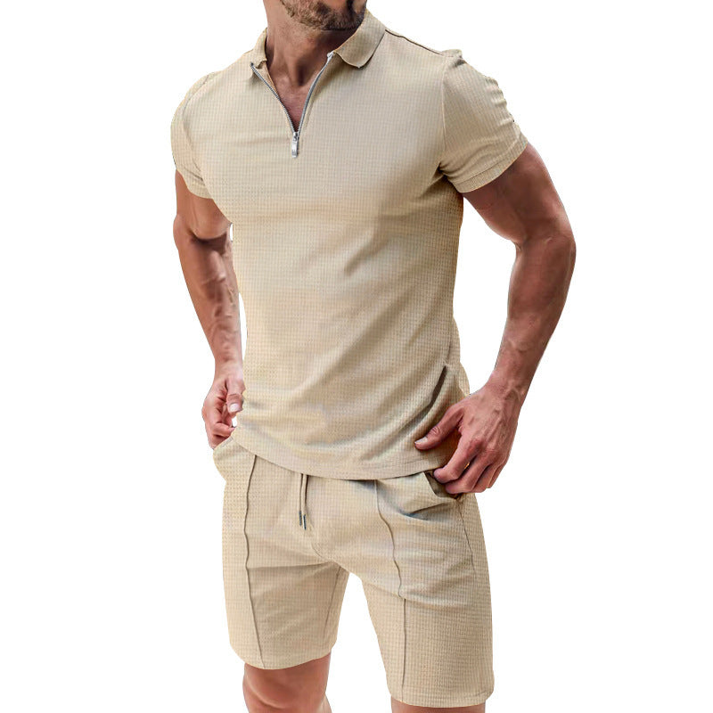 2Pcs Casual Waffle Suit Summer Zipper Lapel Short-sleeved Top And Drawstring Pockets Shorts Versatile Solid Color T-shirt Set For Mens Clothing - 𝓢𝓱𝓸𝓹𝓵𝓮𝓬𝔂