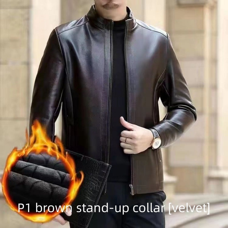 Leather Jacket For Middle-aged Men Leather Clothing With Stand Collar Men Fleece-lined - 𝓢𝓱𝓸𝓹𝓵𝓮𝓬𝔂