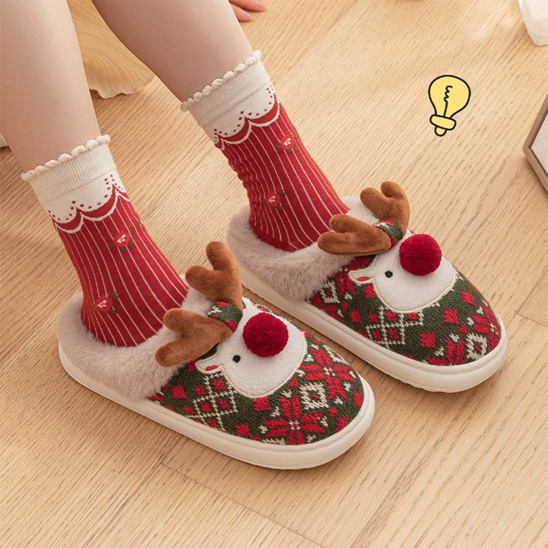 Cute Christmas Elk Plush Slippers Winter Ins Fashion Non-slip Floor Bedroom Home Slippers For Women Fuzzy House Shoes - 𝓢𝓱𝓸𝓹𝓵𝓮𝓬𝔂
