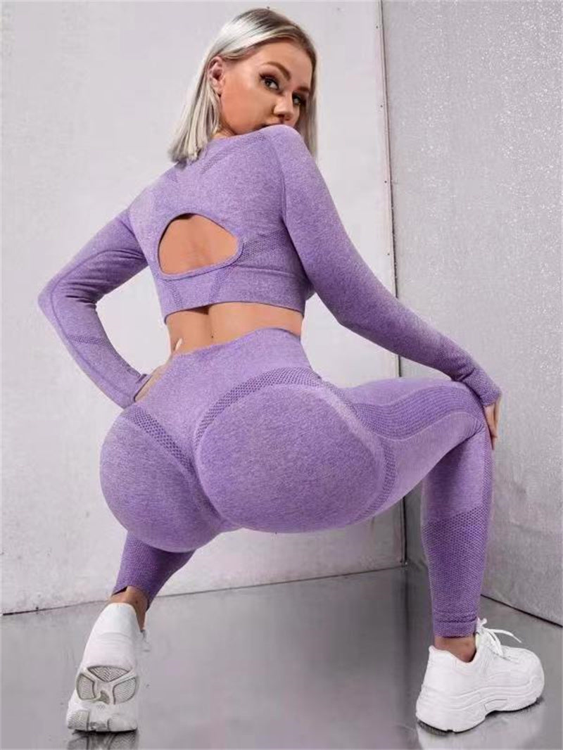 2pcs Sports Suits Long Sleeve Hollow Design Tops And Butt Lifting High Waist Seamless Fitness Leggings Sports Gym Sportswear Outfits Clothing - 𝓢𝓱𝓸𝓹𝓵𝓮𝓬𝔂