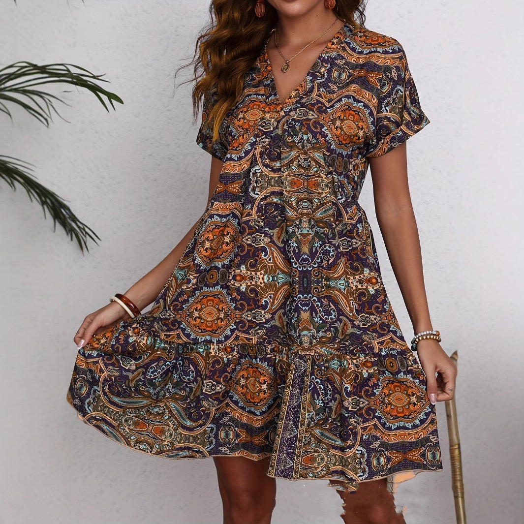 Women's Clothing Printed V-neck Leisure Vacation Style Dress - 𝓢𝓱𝓸𝓹𝓵𝓮𝓬𝔂