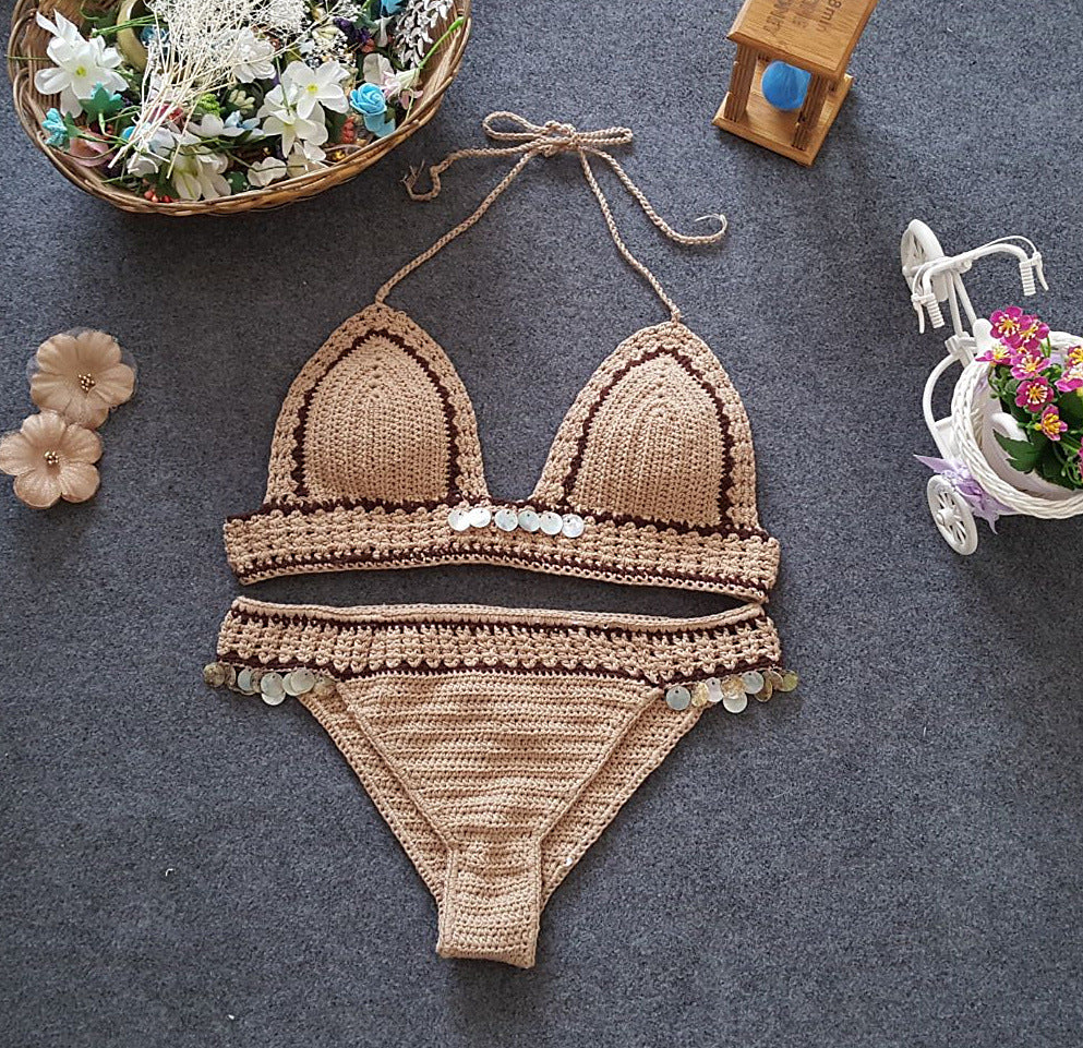Foreign Trade New Knitted Bikini, Europe And America Beach Shell, Mermaid Lady Split Sexy Swimsuit Set