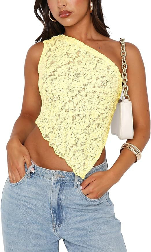 Ins Lace Backless Top Summer Solid Color Waistless Asymmetrical Sloped Neck Vest Streetwear Womens Clothes - 𝓢𝓱𝓸𝓹𝓵𝓮𝓬𝔂