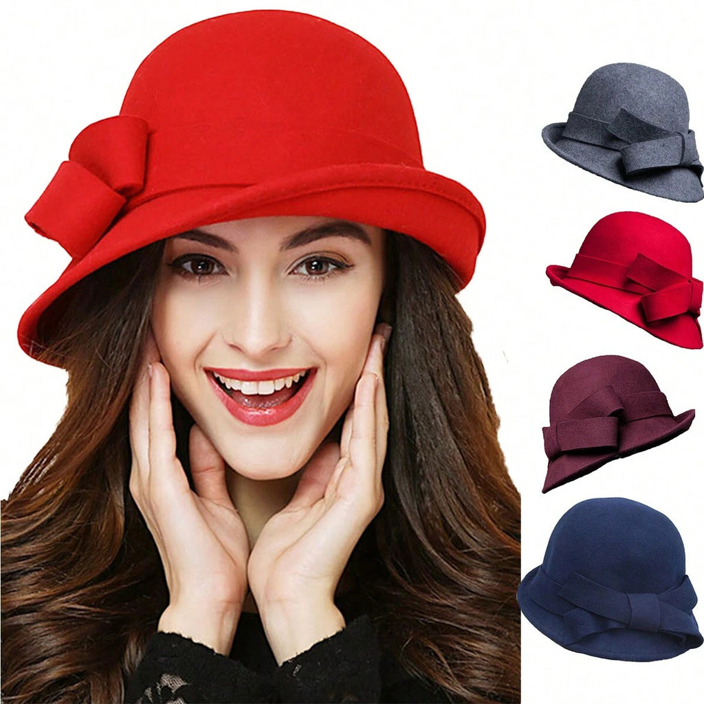 Women's French-style Elegant Retro Woolen Bowler Hat Curling Bow - 𝓢𝓱𝓸𝓹𝓵𝓮𝓬𝔂