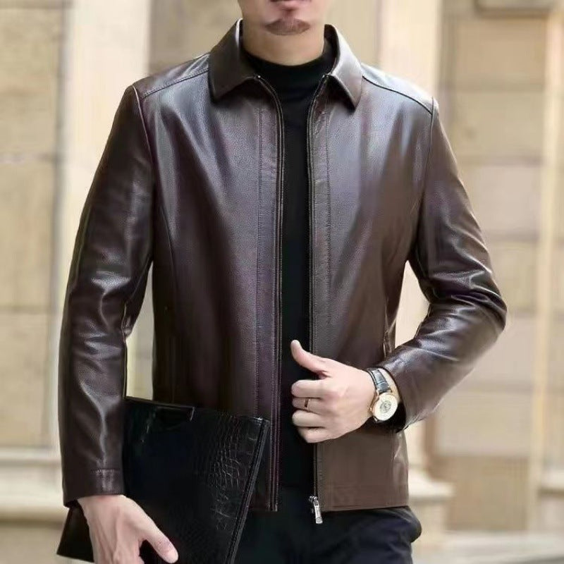 Leather Jacket For Middle-aged Men Leather Clothing With Stand Collar Men Fleece-lined - 𝓢𝓱𝓸𝓹𝓵𝓮𝓬𝔂