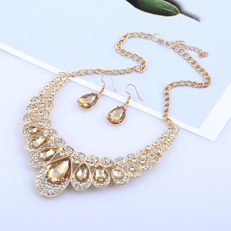 American jewelry fashion temperament Metal Necklace Earrings Set gem diamond drop bride accessories - 𝓢𝓱𝓸𝓹𝓵𝓮𝓬𝔂