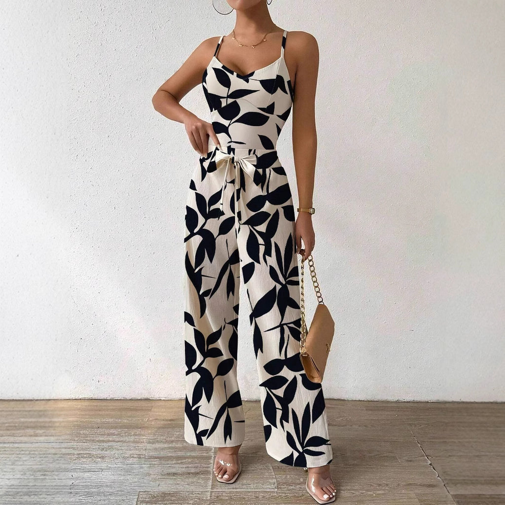 Fashion Floral Print Jumpsuit Elastic Waist Belt Jumpsuit - 𝓢𝓱𝓸𝓹𝓵𝓮𝓬𝔂