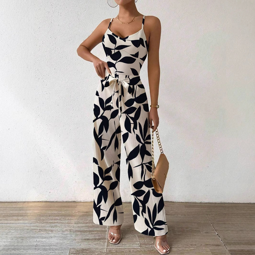 Fashion Floral Print Jumpsuit Elastic Waist Belt Jumpsuit - 𝓢𝓱𝓸𝓹𝓵𝓮𝓬𝔂