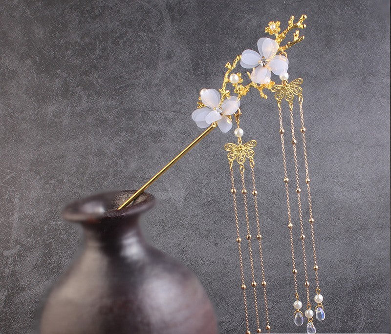 Ancient Style Hair Accessories Hanfu Plum Blossom Branch Tassel Hairpin White Flower Drill - 𝓢𝓱𝓸𝓹𝓵𝓮𝓬𝔂