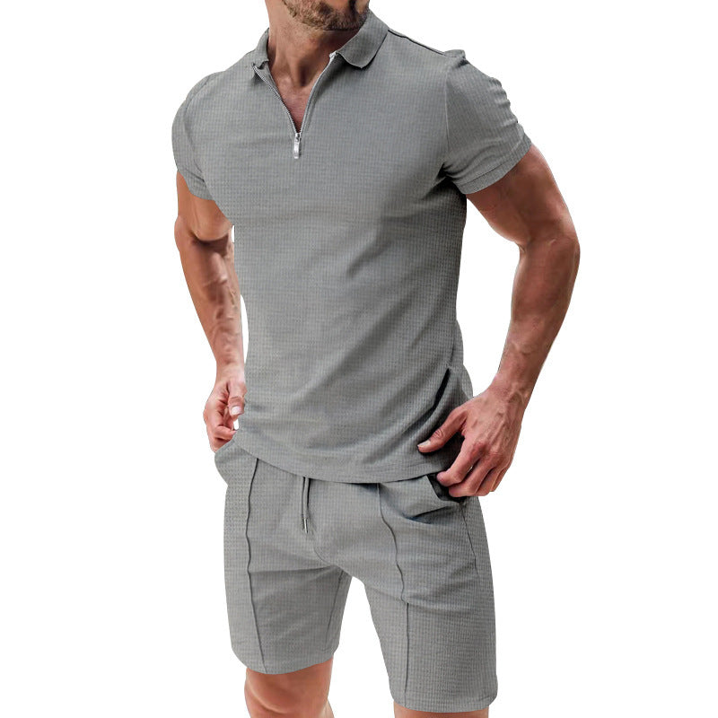 2Pcs Casual Waffle Suit Summer Zipper Lapel Short-sleeved Top And Drawstring Pockets Shorts Versatile Solid Color T-shirt Set For Mens Clothing - 𝓢𝓱𝓸𝓹𝓵𝓮𝓬𝔂