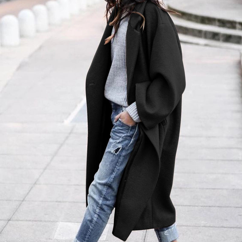 Casual Long Jacket With Pockets Solid Color Single Breasted Lapel Woolen Coat For Women Warm Winter Clothing - 𝓢𝓱𝓸𝓹𝓵𝓮𝓬𝔂