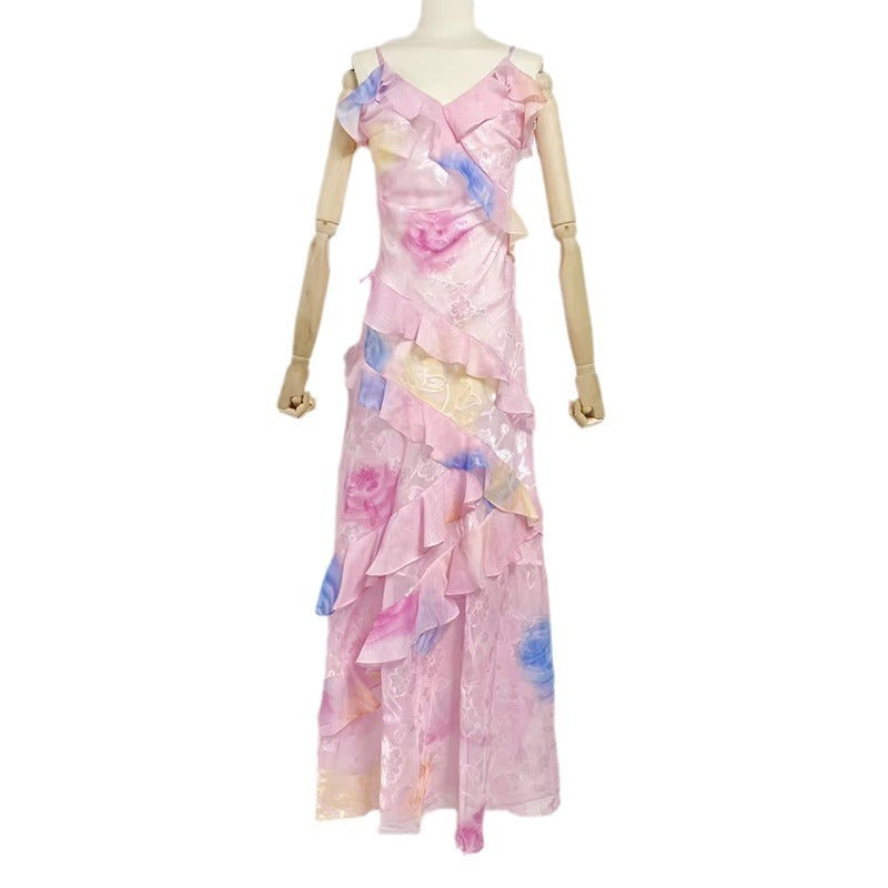 V-neck Strap Printed Backless Slim Fit Ruffled Dress - 𝓢𝓱𝓸𝓹𝓵𝓮𝓬𝔂