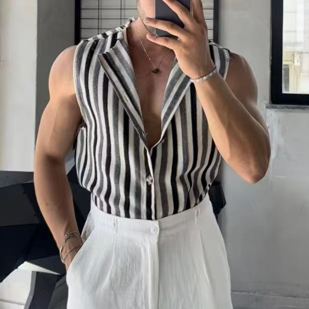 Men's Black And Gray Striped Sleeveless Lapel Shirt - 𝓢𝓱𝓸𝓹𝓵𝓮𝓬𝔂
