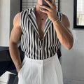 Men's Black And Gray Striped Sleeveless Lapel Shirt - 𝓢𝓱𝓸𝓹𝓵𝓮𝓬𝔂