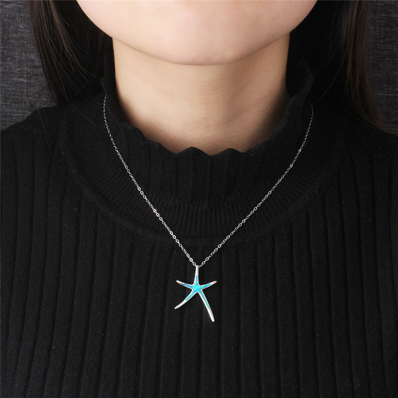 All-match clavicle chain blue starfish pendant opal necklace