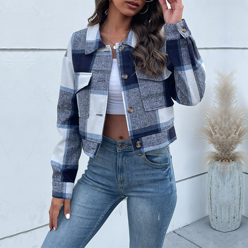 Plaid Lapel Cropped Jacket With Pockets Fashion Button Long Sleeve Short Outwear Tops Coat For Womens Clothing - 𝓢𝓱𝓸𝓹𝓵𝓮𝓬𝔂
