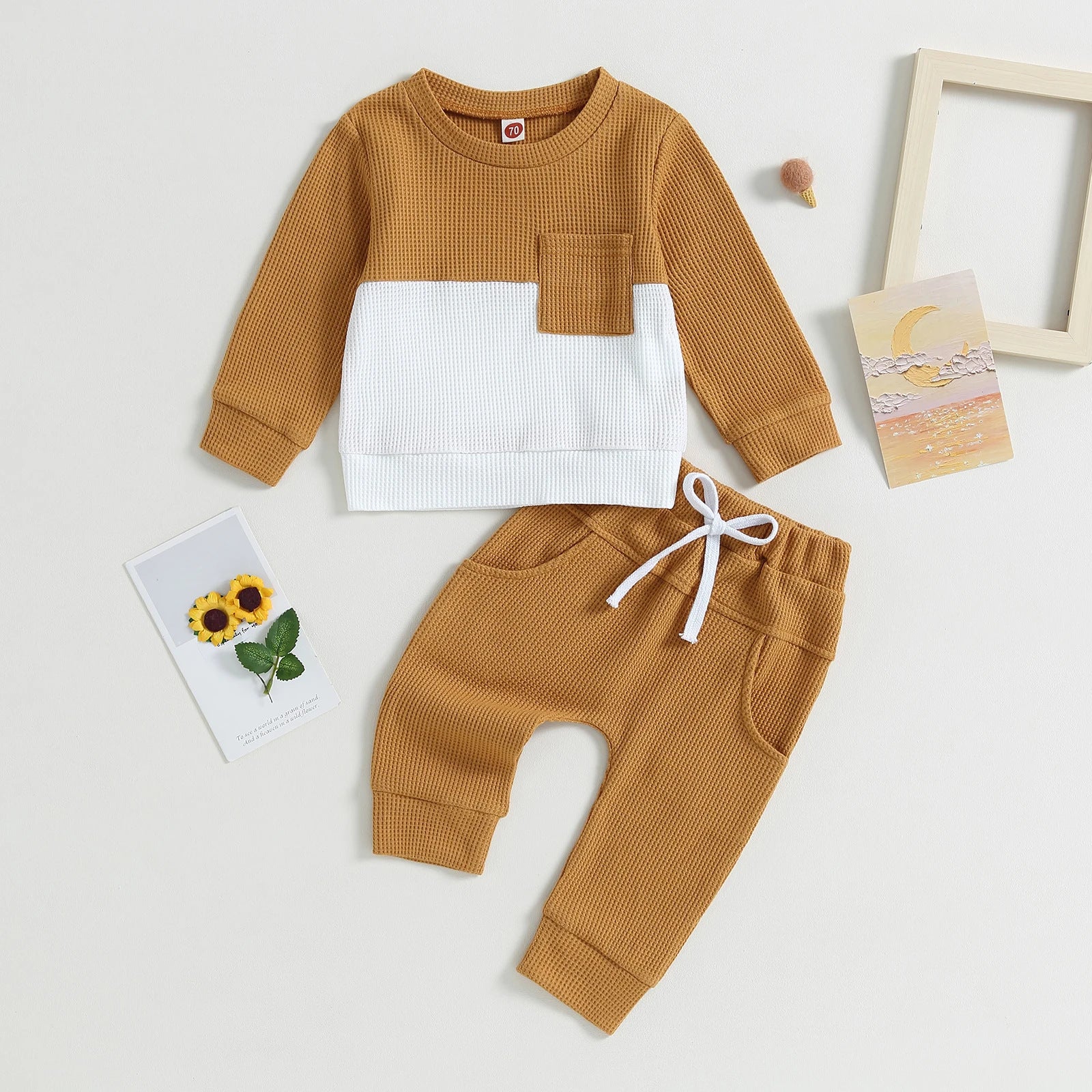Color Matching Pocket Waffle Sweater Lace-up Sweatpants 2-Piece Children's Fashion Casual Wear Baby Suit - 𝓢𝓱𝓸𝓹𝓵𝓮𝓬𝔂