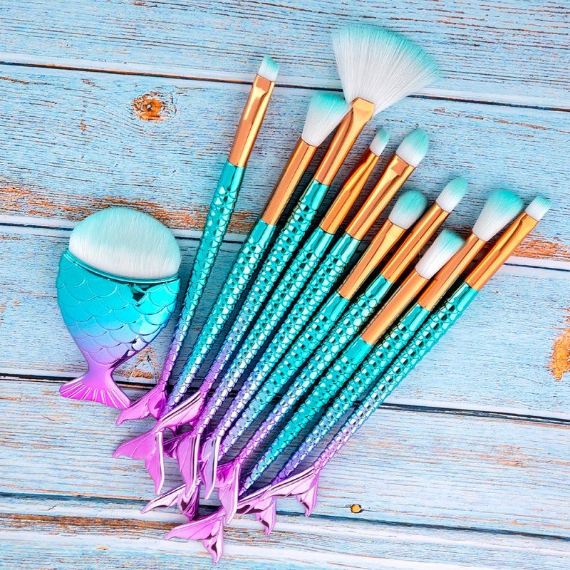 11pcs Makeup Brushes Kit Maquiagem Maquillaje New Mermaid Foundation Eyebrow Eyeliner Cosmetic Makeup Brushes - 𝓢𝓱𝓸𝓹𝓵𝓮𝓬𝔂