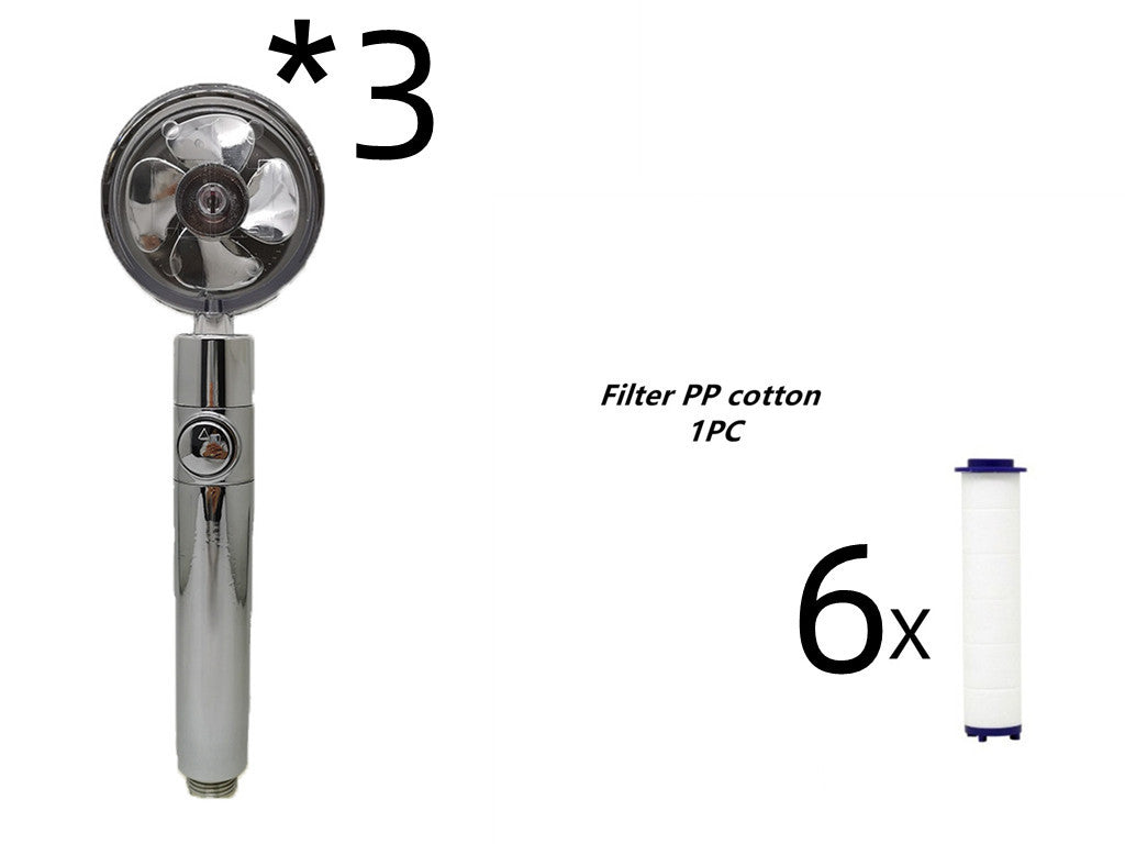 Propeller Driven Shower Head With Stop Button And Cotton Filter Turbocharged High Pressure Handheld Shower Nozzle 