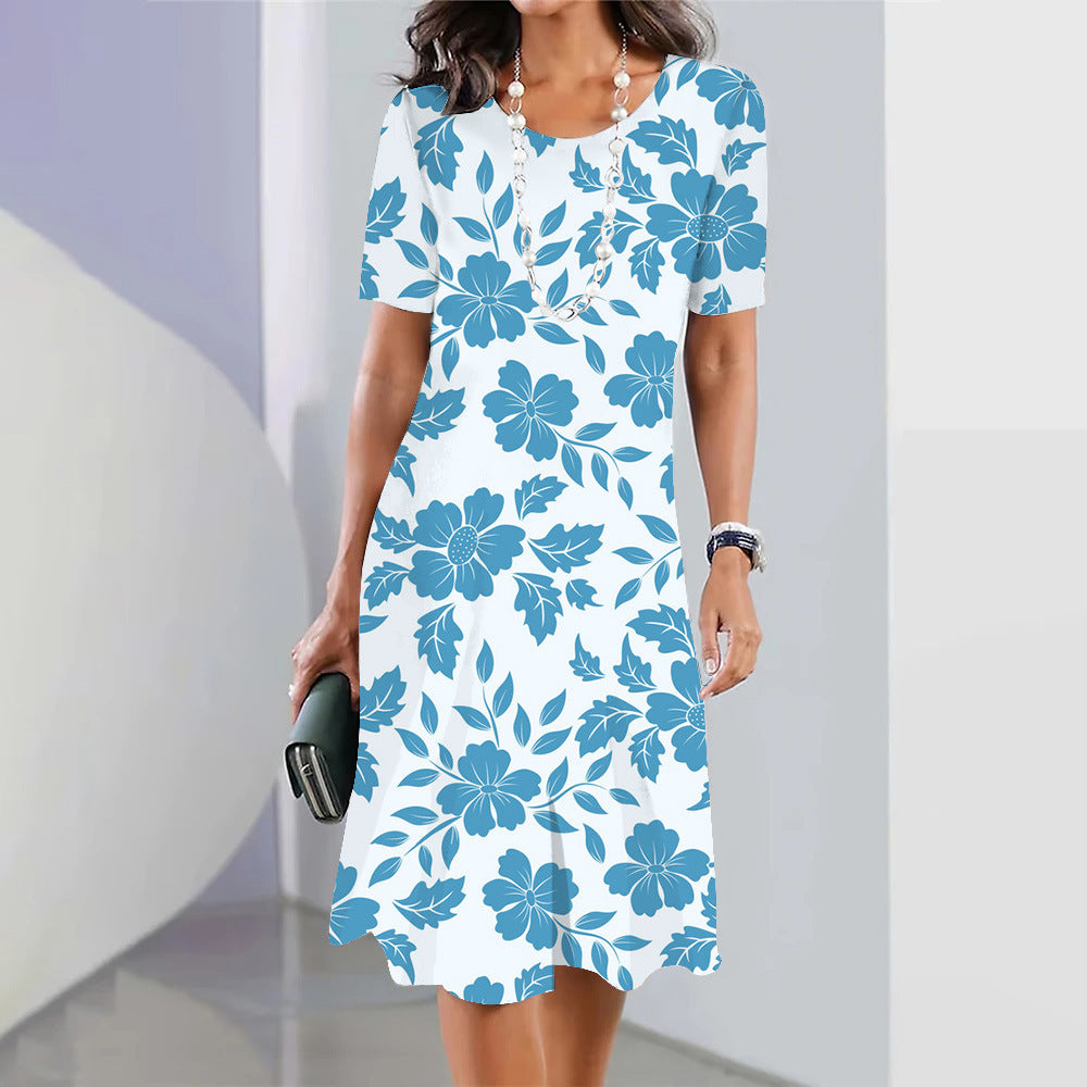 3d Floral Blue Printed Round Neck Fashion Party Dress - 𝓢𝓱𝓸𝓹𝓵𝓮𝓬𝔂
