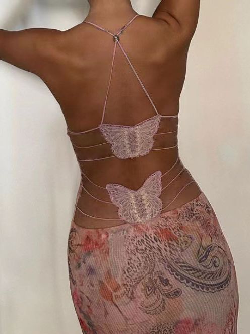 Floral Print Halter Spaghetti Straps Dress Sexy Slim Butterfly Back Dressess Spring Summer Womens Clothing - 𝓢𝓱𝓸𝓹𝓵𝓮𝓬𝔂