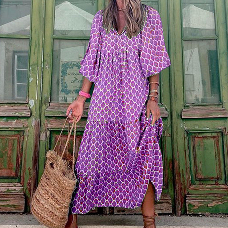 Summer Women's Vintage Printed Bohemian Dress Elegant Ladies Casual Loose V-Neck Short Sleeve Long Dresses - 𝓢𝓱𝓸𝓹𝓵𝓮𝓬𝔂