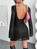 Elegant Black Mesh Sequins Backless Slim Fit Long Sleeve Dress - 𝓢𝓱𝓸𝓹𝓵𝓮𝓬𝔂
